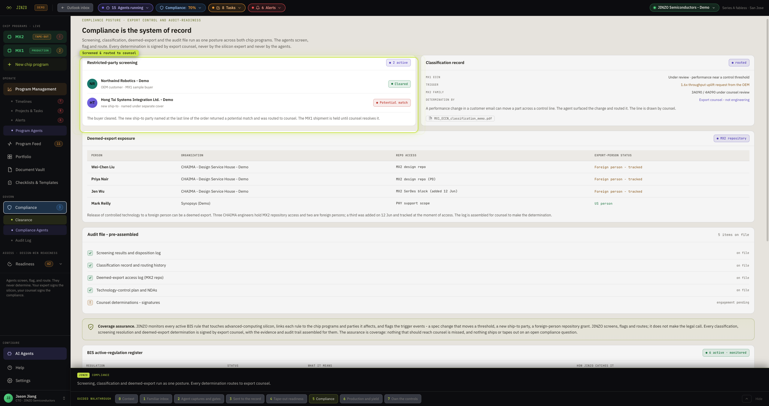 The JINZO compliance system of record: restricted-party screening, classification record, deemed-export exposure, and a pre-assembled audit file across two chip programs.